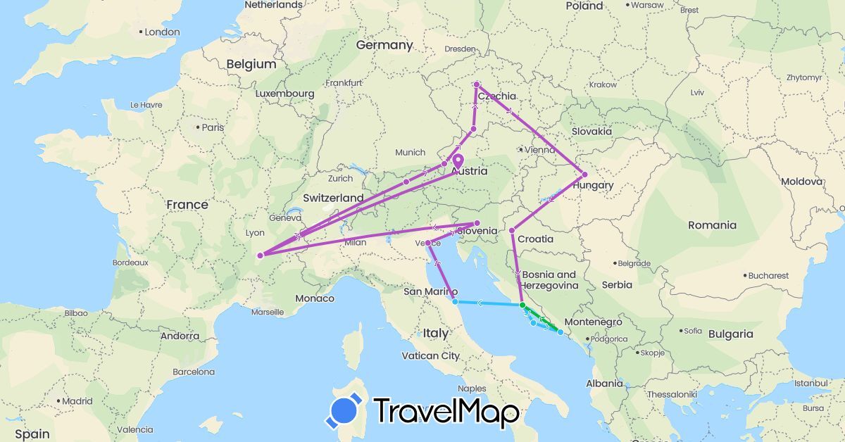 TravelMap itinerary: driving, bus, train, boat in Austria, Czech Republic, France, Croatia, Hungary, Italy, Slovenia (Europe)